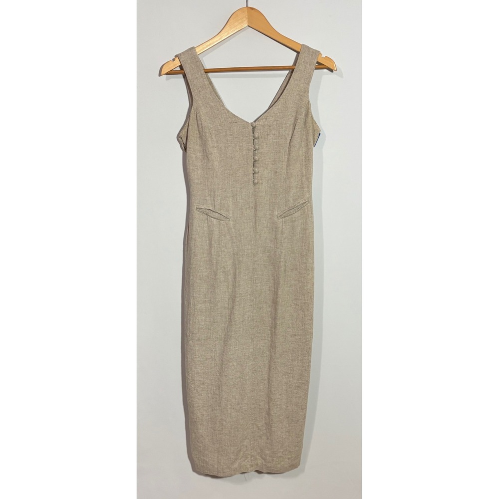 Rampage Midi Dress Women Small Beige Linen Blend V-Neck Tie Back Vintage Style